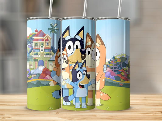 Bluey family cartoon characters on a blue and green background.