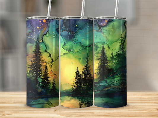 Three tumblers featuring a starry night sky over a dark forest and lake.