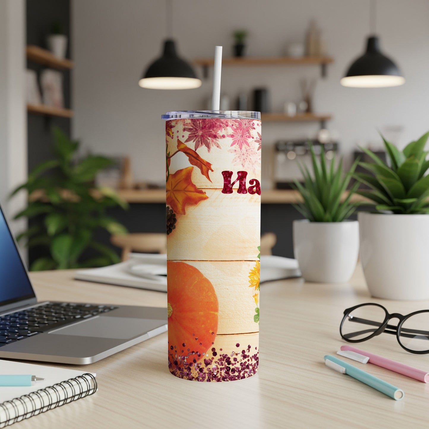 Autumn themed tumbler with pumpkin, leaves, and "Happy Fall" text.
