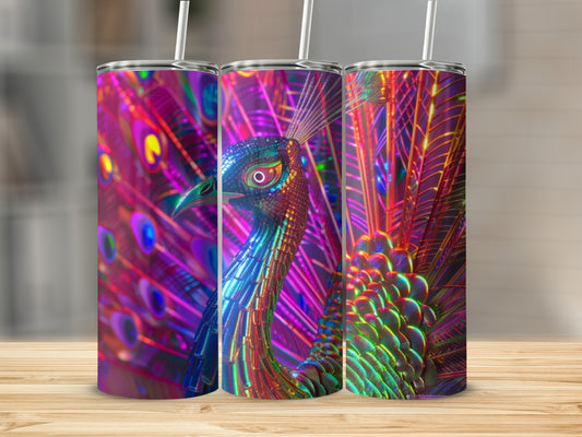 Triptych of iridescent peacock feathers and head on tumblers.