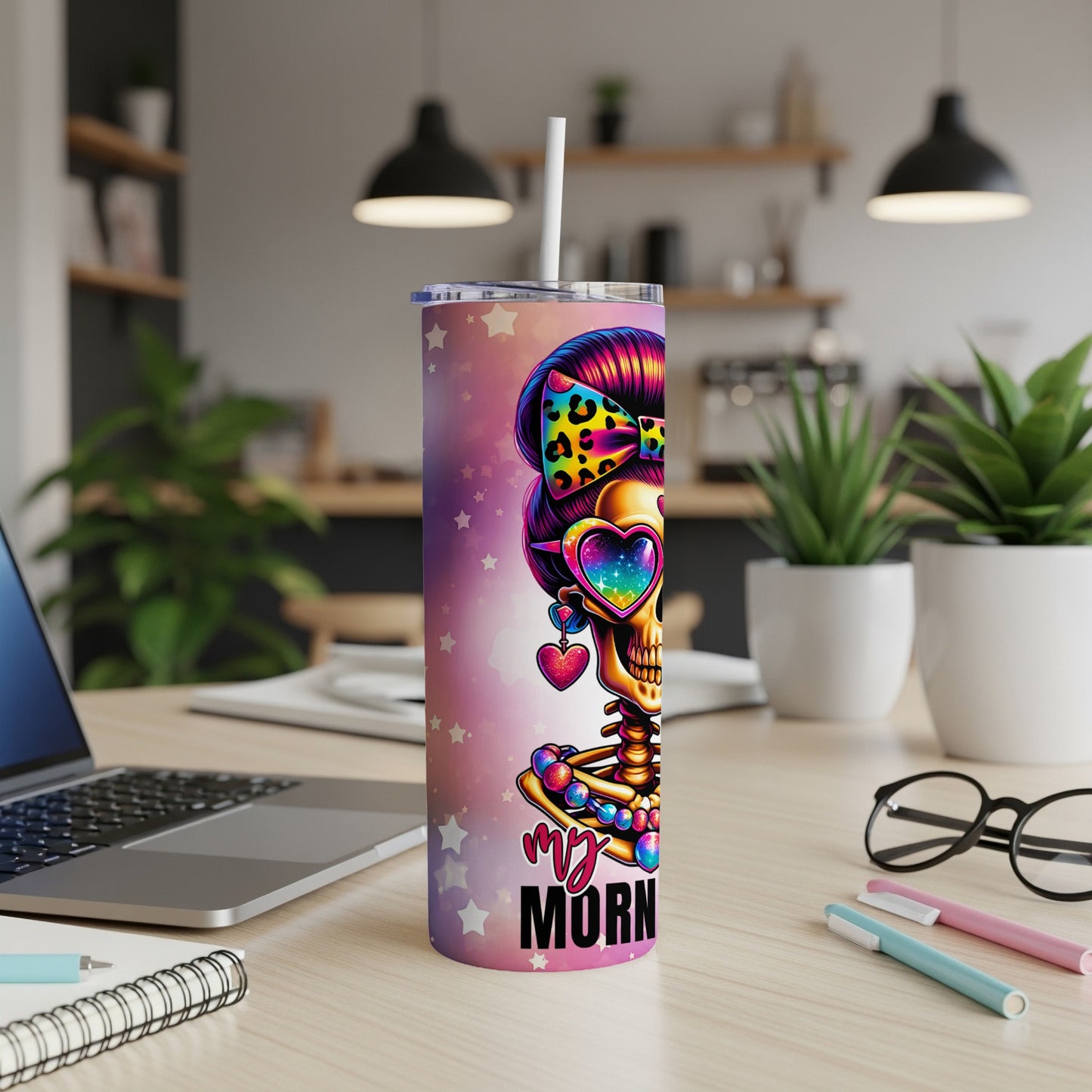 Skeleton woman with colorful hair and heart sunglasses on a skinny tumbler.