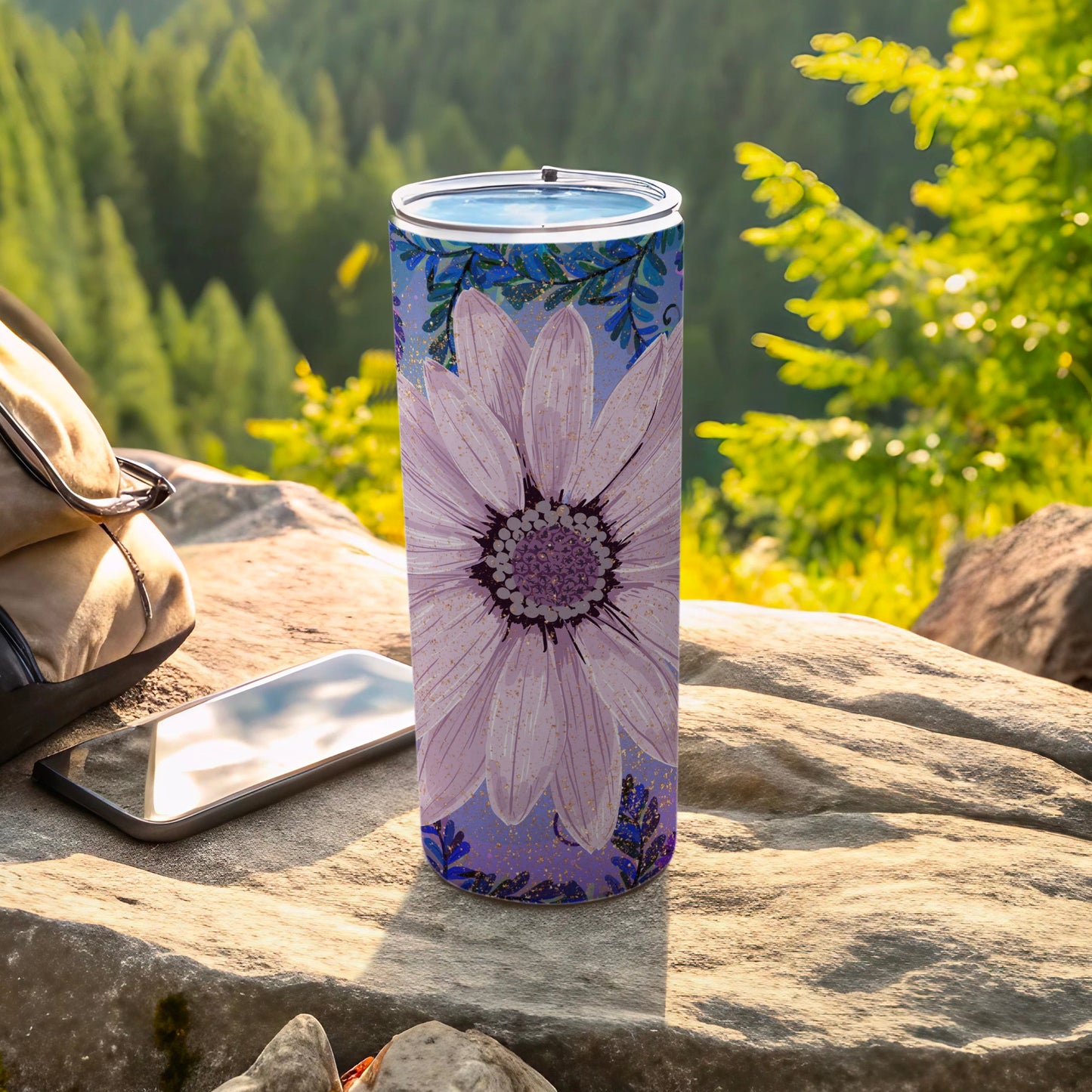 Floral Travel Tumbler with Purple Daisy Design