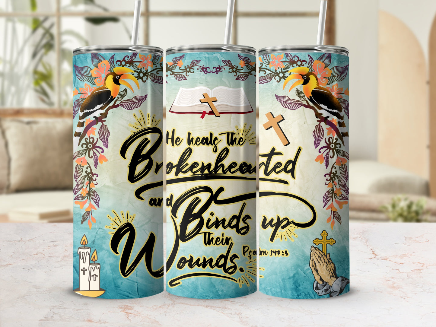He Heals the Brokenhearted Psalm 147:3 Tumbler Cup