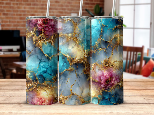 Floral and Marble Design Skinny Insulated Tumbler