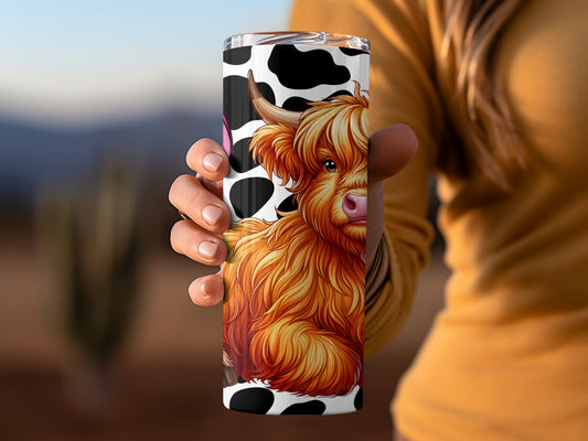Highland Cow Illustrated Tumbler with Cow Print Design