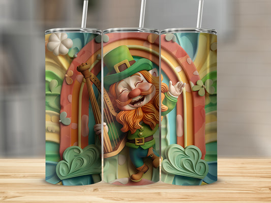 Leprechaun playing a harp on a rainbow, for a St. Patrick's Day tumbler.