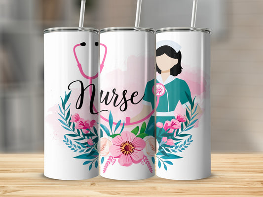 Nurse tumbler with stethoscope and floral wreath.