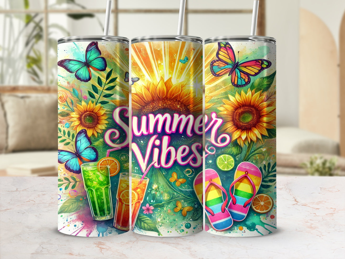 Colorful Summer Vibes Design with Butterflies Tumblers