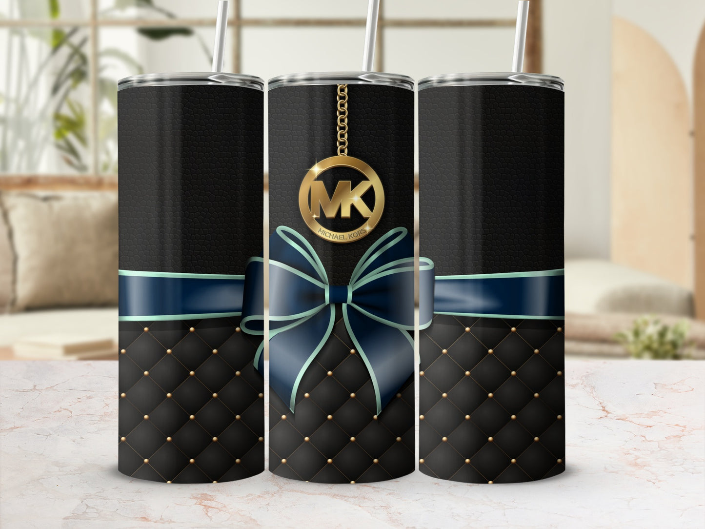 Black Quilted Tumbler with Blue Ribbon Design