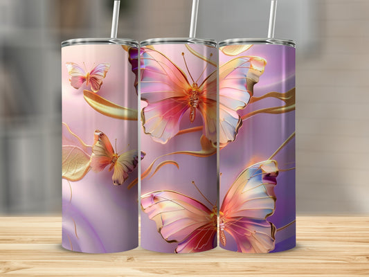 Three tall tumblers with iridescent butterfly designs on a light purple background.