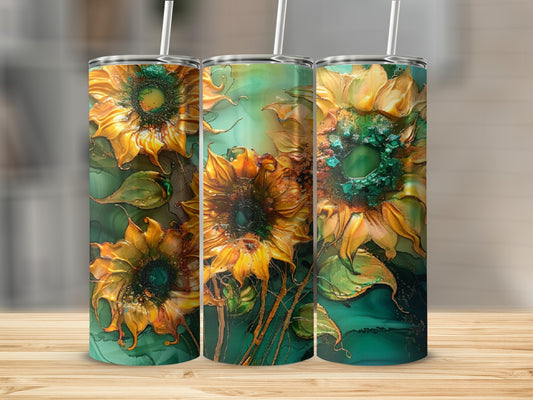 Three tall tumblers with embossed sunflowers and green abstract background.
