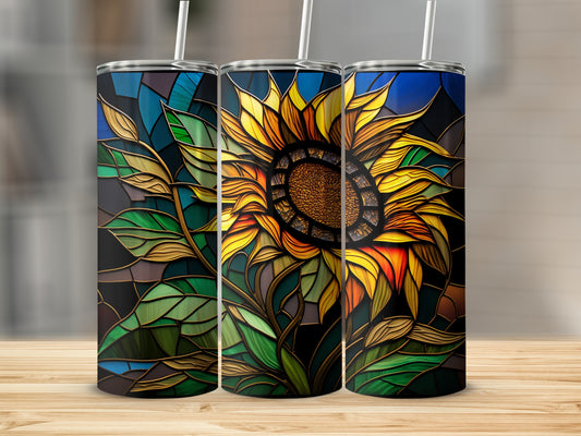 Three tall tumblers featuring a stained-glass sunflower design.