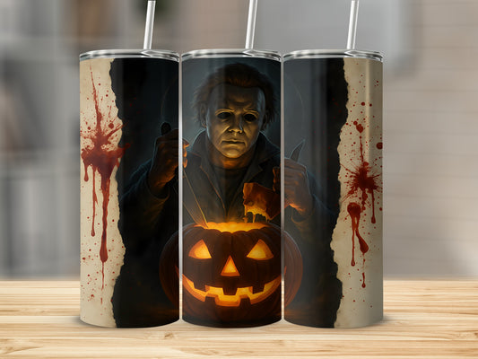 Michael Myers holds knives over a glowing jack-o'-lantern with bloody accents.