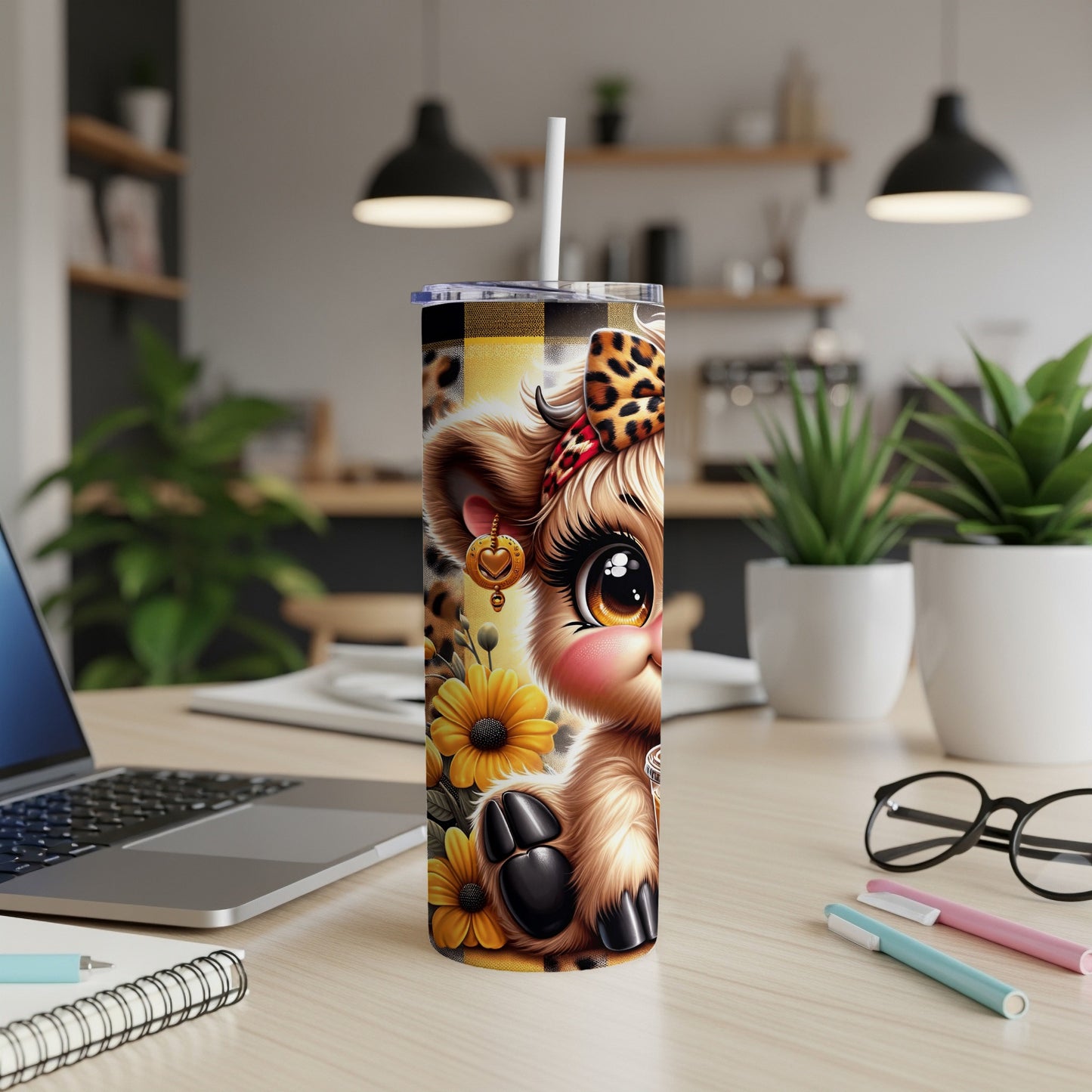 Cartoon bear with sunflowers and leopard print on a tumbler.