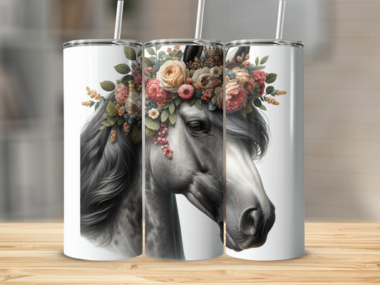 Horse head with floral crown on a white tumbler.
