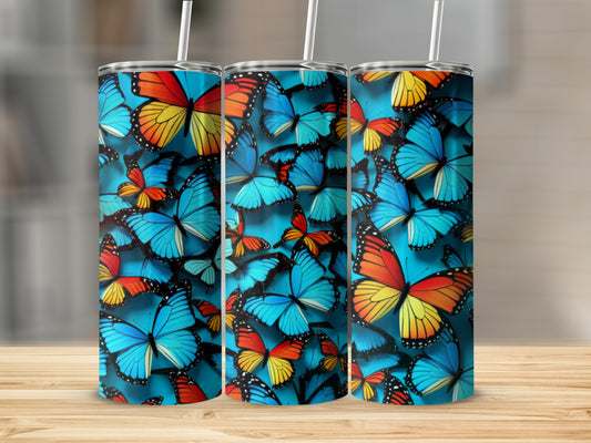 Tumbler with colorful butterfly pattern.