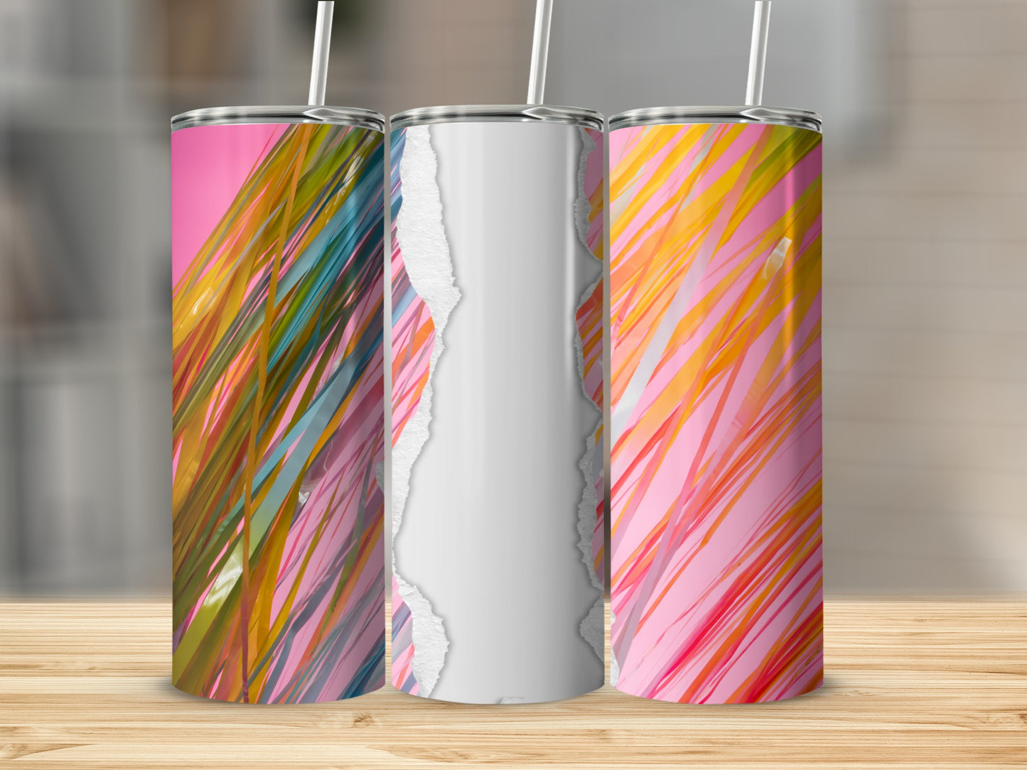 Three tumblers with colorful abstract diagonal stripes and torn paper effect.