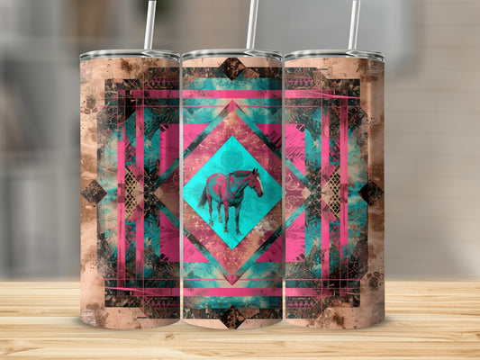 Three tumblers featuring a horse and geometric Southwestern pattern.