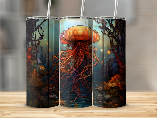 Three tumblers featuring a glowing orange jellyfish in an underwater scene.