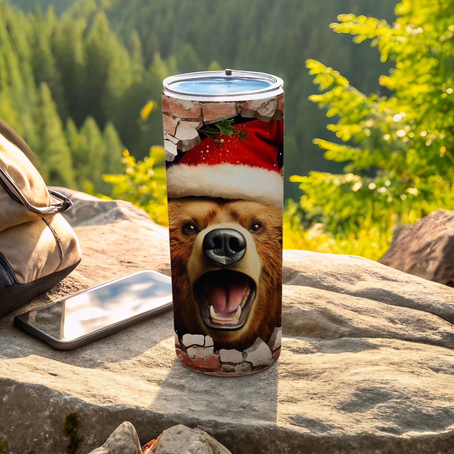 Festive Bear with Santa Hat Insulated Tumbler Cup