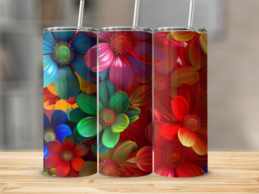 Three tumblers decorated with colorful, overlapping floral patterns.