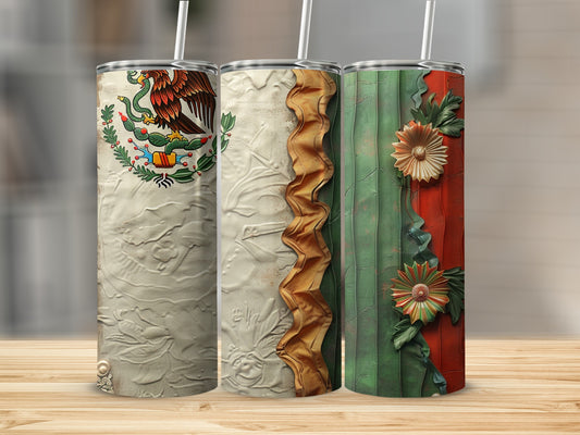 Three decorative tumblers with embossed textures and colorful designs.