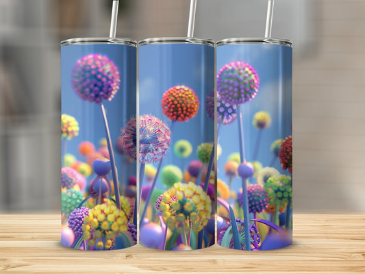 Three tumblers with a colorful, spherical floral pattern against a sky background.