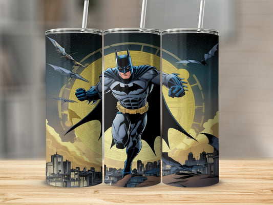 Batman running across a city skyline with bats flying.