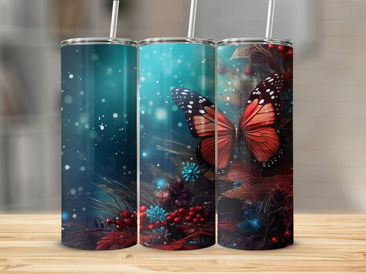 Three tumblers featuring a butterfly and pine branches with bokeh background.