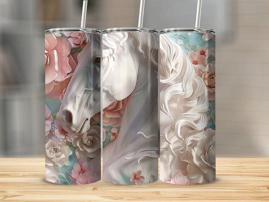 Pink and white horse design on three tumblers with floral accents.