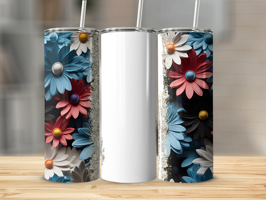 Two tall, blank tumblers with floral designs of blue, red, and white flowers.