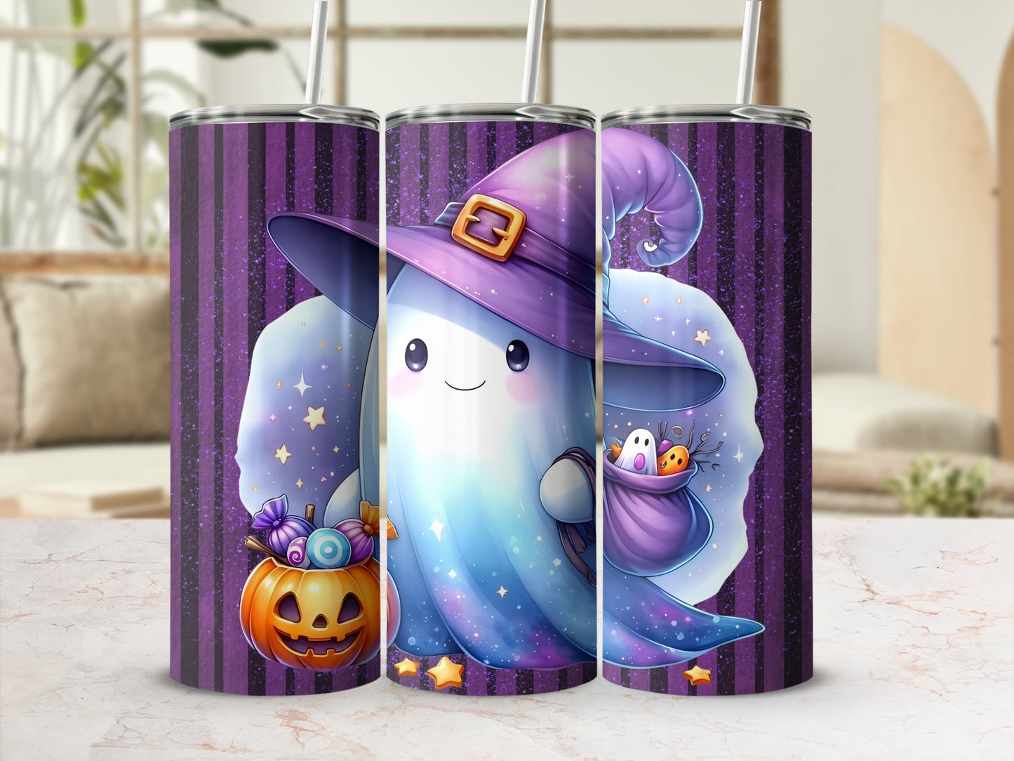 Cute Halloween Ghost Witch Tumbler with Candy and Stars
