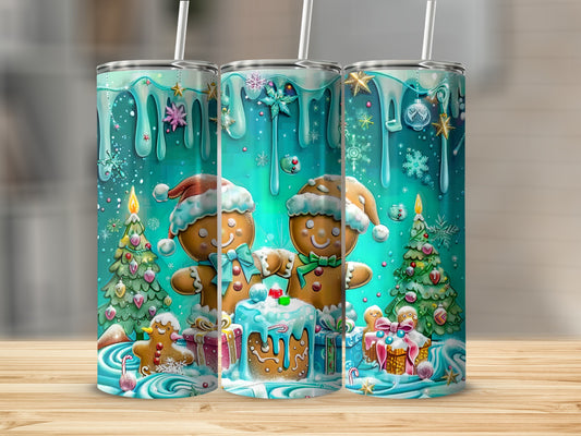 Gingerbread couple with presents and Christmas trees in a festive, sparkly winter scene.