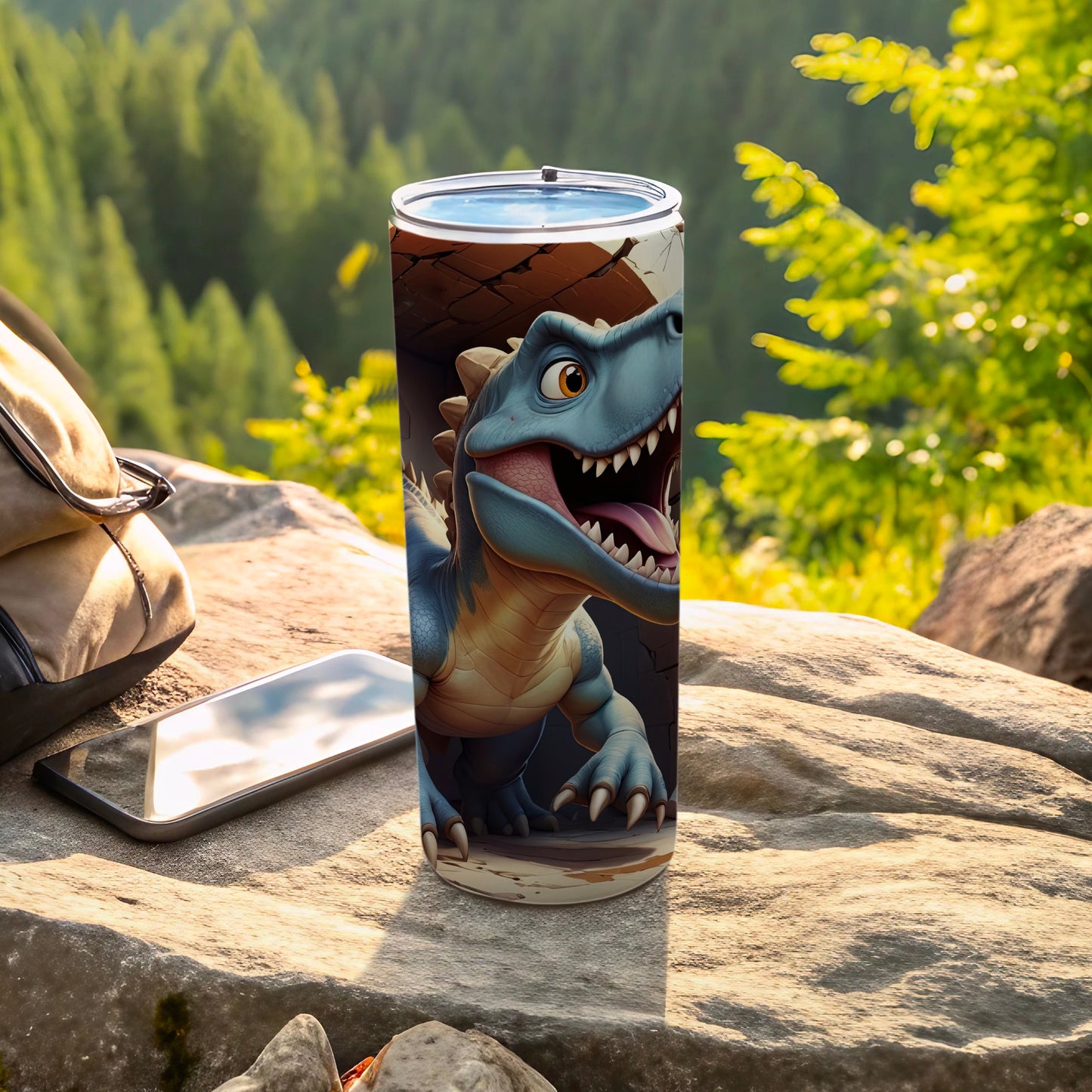 Blue dinosaur roaring on a tumbler with a rocky, forested background.