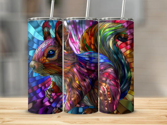 Three tumblers featuring a stained glass squirrel design.