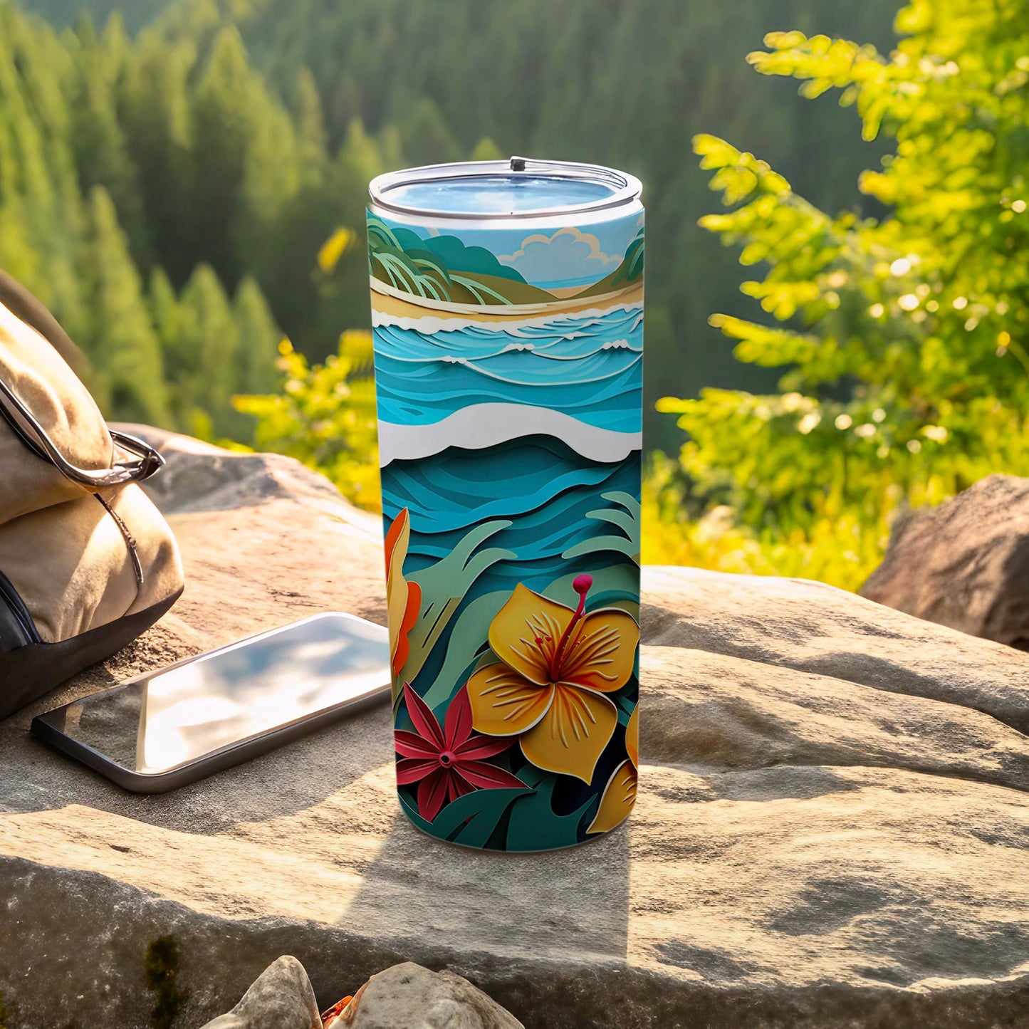 Vibrant Tropical Landscape Tumbler with Floral Design