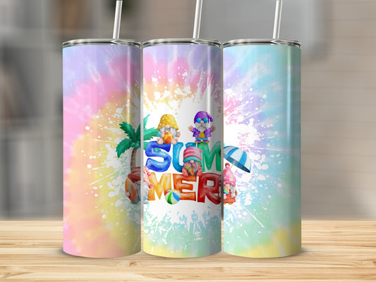 Three tumblers with "Summer" and colorful tie-dye designs.