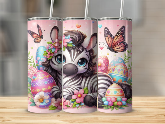 Zebra with Easter eggs and butterflies on a pink tumbler.
