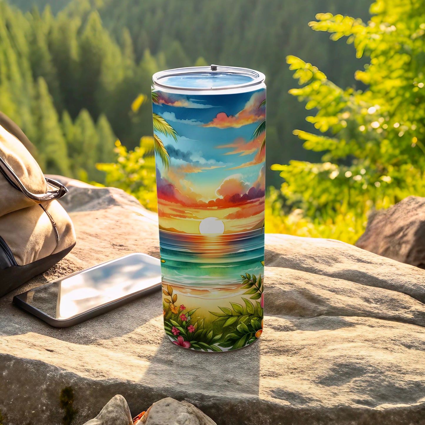 Tropical sunset scene on a tumbler with beach, palm trees, and ocean.