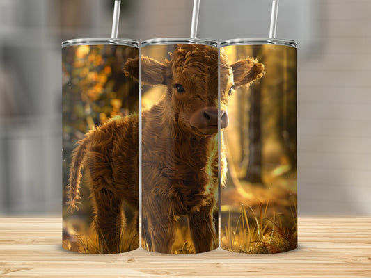 Fluffy brown calf in a sunlit meadow, standing between two tumblers.