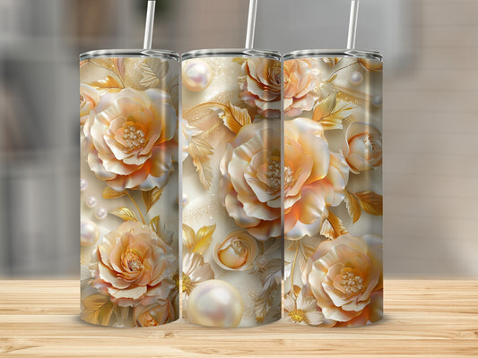 Three floral tumblers with pearl and glitter accents.