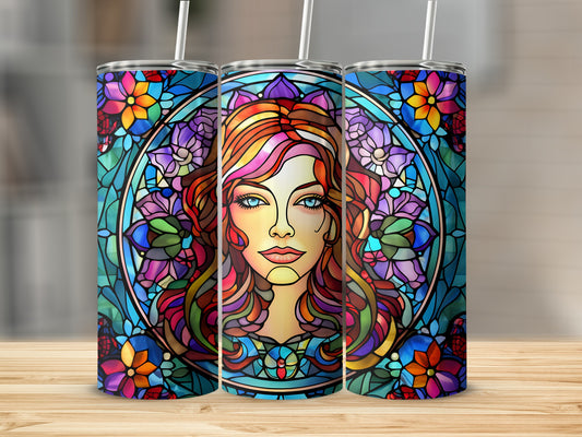 Three tumblers feature a stained glass portrait of a woman surrounded by floral designs.