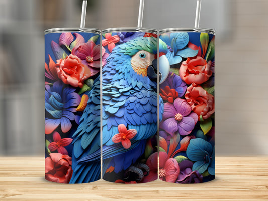 Blue parrot with vibrant flowers on a dark blue tumbler.