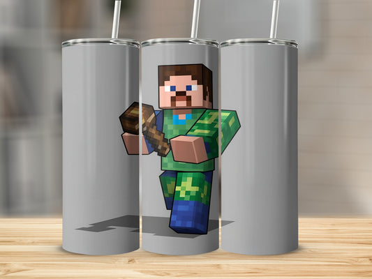 Minecraft Steve character holding a wooden sword and axe on a grey background.