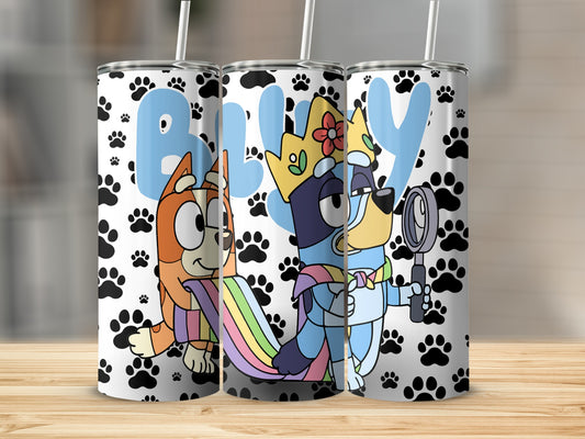 Bluey and Bingo characters with paw prints and rainbow background on tumblers.