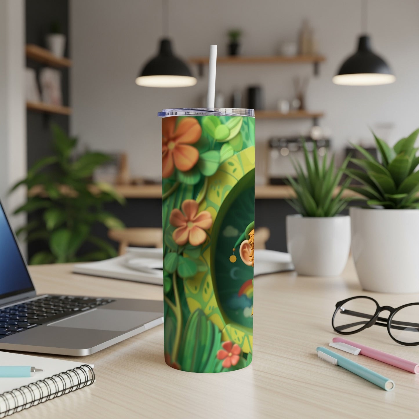 Green tumbler with St. Patrick's Day themed clover and leprechaun design.