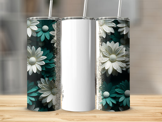White tumbler with green and white floral design.