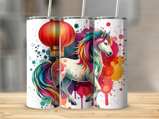 Colorful unicorn with rainbow mane and tail, standing with Chinese lantern.