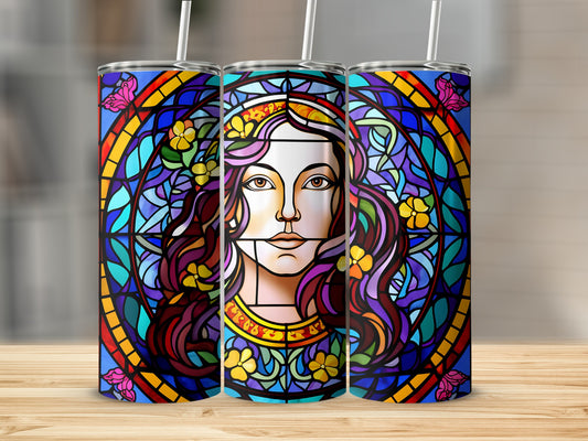 Stained glass tumbler design featuring a woman's face with floral accents.