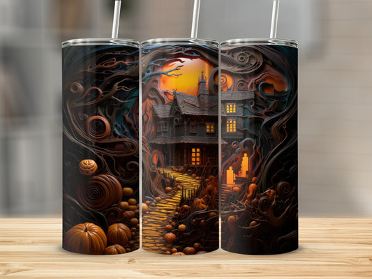 Halloween tumbler with haunted house, pumpkins, and spooky trees.